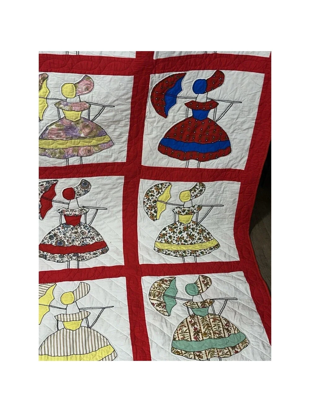 Southern Belle / Sunbonnet Sue Quilt Hand Quilted 76”x 99” Full / Queen Amazing